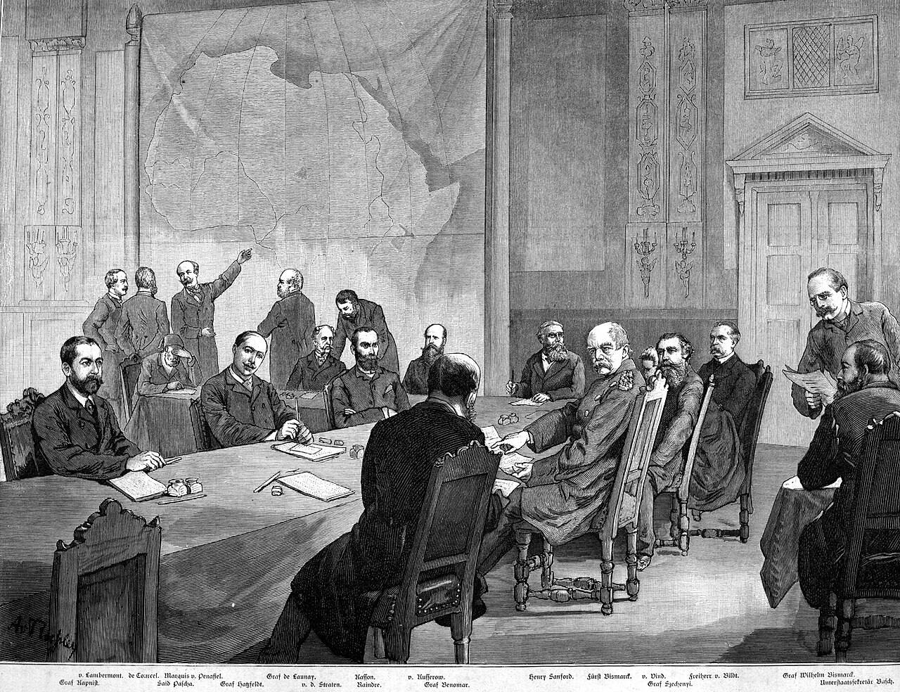 Engraving of delegates seated around a long table in Berlin, with a large map of Africa on the wall behind them and one delegate pointing at it