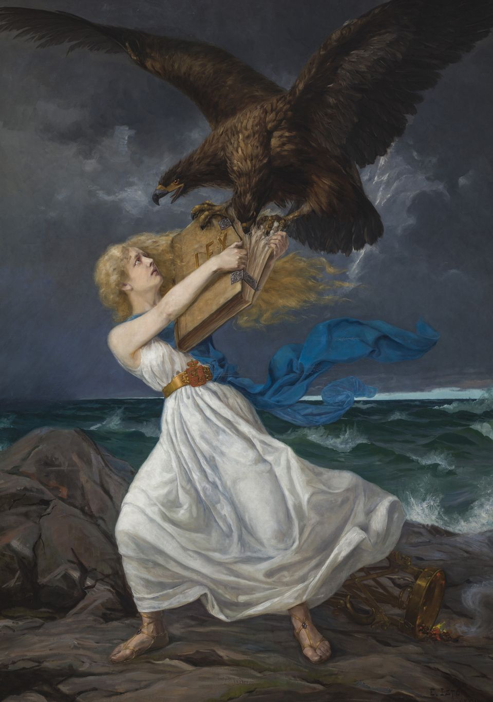 Painting of a young woman in white, the Maiden of Finland, clutching a book marked LEX while a huge eagle tears at it, on a rocky shore under a stormy sky