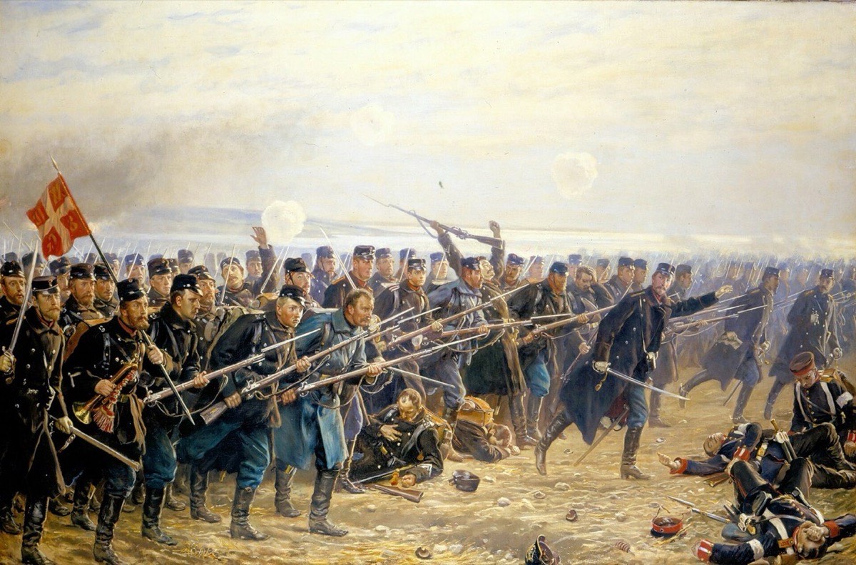Painting of the Danish 8th Brigade's counter-attack at Dybbøl, 18 April 1864